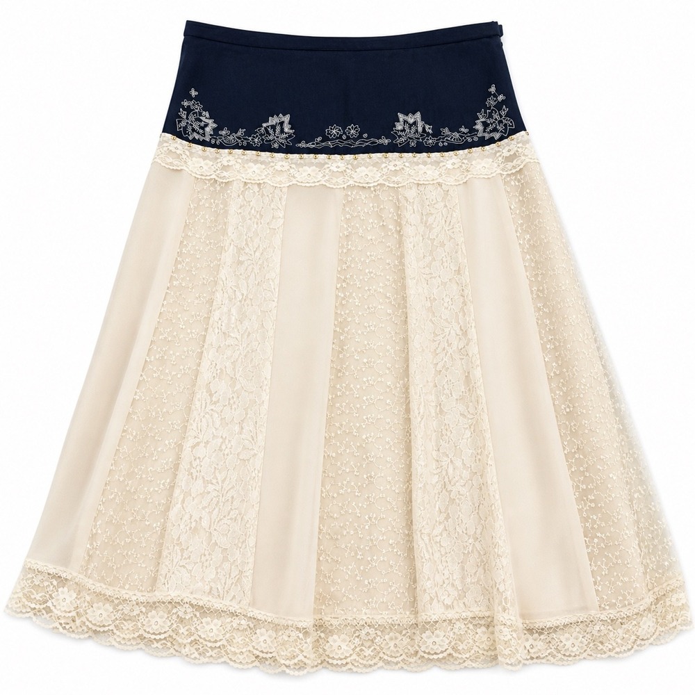 Metrostyle Denim Lace Mixed Media Midi‎ Skirt Embroidered Studded Blue Cream 14